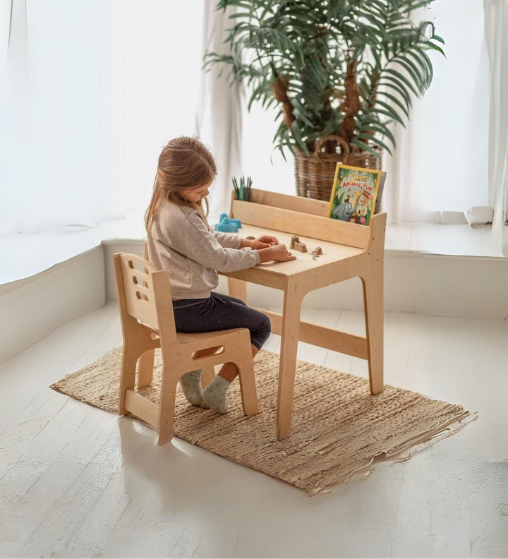 Montessori Toddler Desk and Chair Set with Bookshelf